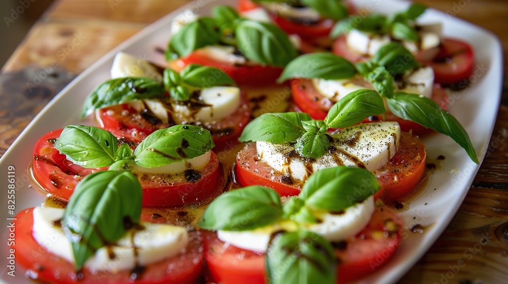 Famous italian caprese salad with fresh basil leaves. Generative Ai