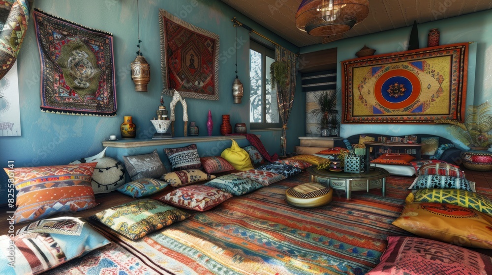 Bohemian-Inspired Living Room Featuring Floor Cushions, Tapestry, And Eclectic Decor, Room Background Photos
