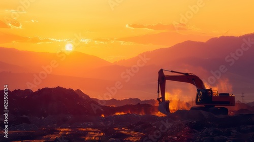 Excavating machinery at the construction site, sunset in background photo