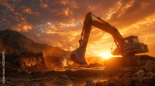 Excavating machinery at the construction site, sunset in background photo