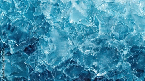 Ice texture cracks surface, abstract background winter ice transparent blue