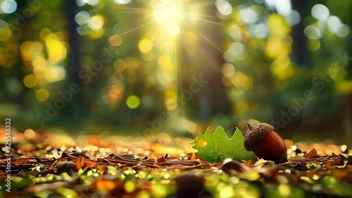 Close-up of acorn on forest ground with sun rays photo