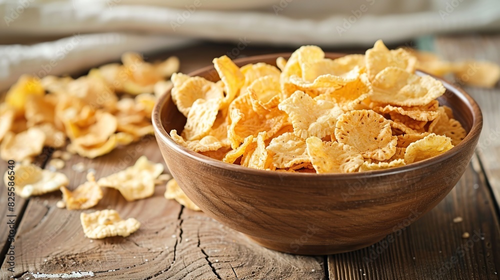 Flakes in bowl on a wooden table . Generative Ai Flakes in bowl on a wooden table . Generative Ai