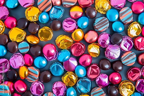 Close up of vibrant assorted chocolate candies with shiny wrappers. Generative AI