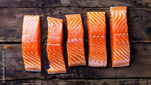 Flat lay with fresh raw salmon fillet. Old wooden background. Generative Ai