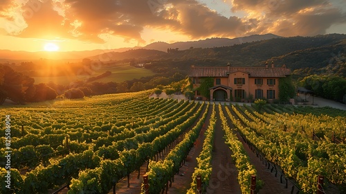 A peaceful vineyard at sunset with rows of grapevines and a rustic farmhouse in the background.