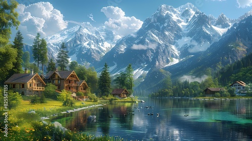 A picturesque alpine village nestled in the mountains  with wooden chalets and snow-capped peaks.