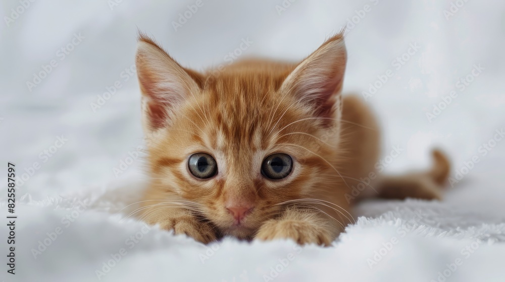 A small adorable red cat on a white background with gray eyes A small adorable red cat on a white background with gray eyes