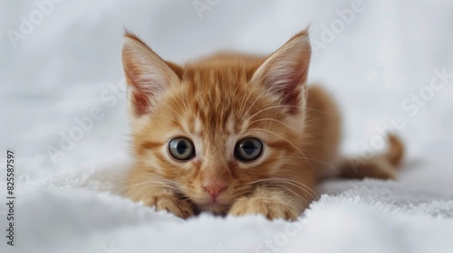 A small adorable red cat on a white background with gray eyes © TheWaterMeloonProjec