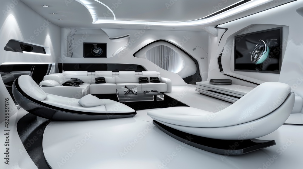 Futuristic Living Room With High-Tech Gadgets, Sleek Furniture, And A Monochrome Color Scheme, Room Background Photos Futuristic Living Room With High-Tech Gadgets, Sleek Furniture, And A Monochrome Color Scheme, Room Background Photos