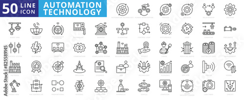 Automation technology icon set with robotic, autonomous, process, decision, relationship, machine, factory and control system.