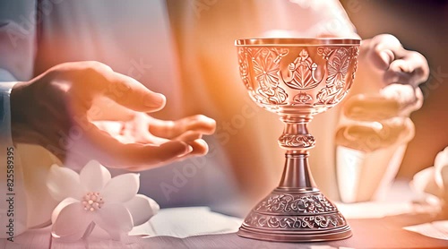 Eucharist Hands in Watercolor. Sacred Chalice