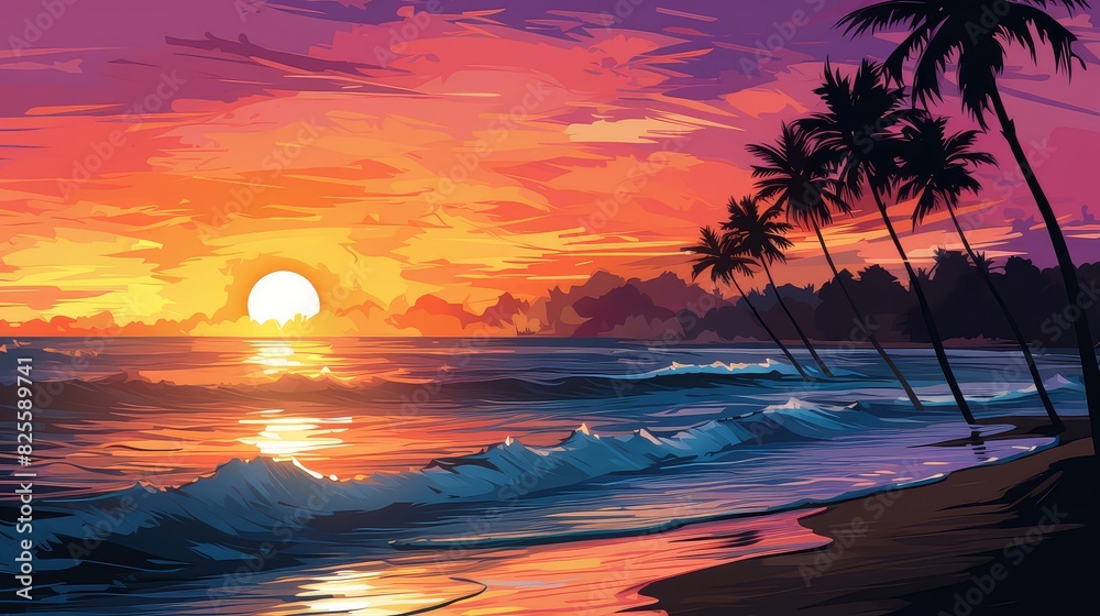 Vibrant chibistyle coastal art in digital painting, with vivid colors and stylized cartoony drawing.