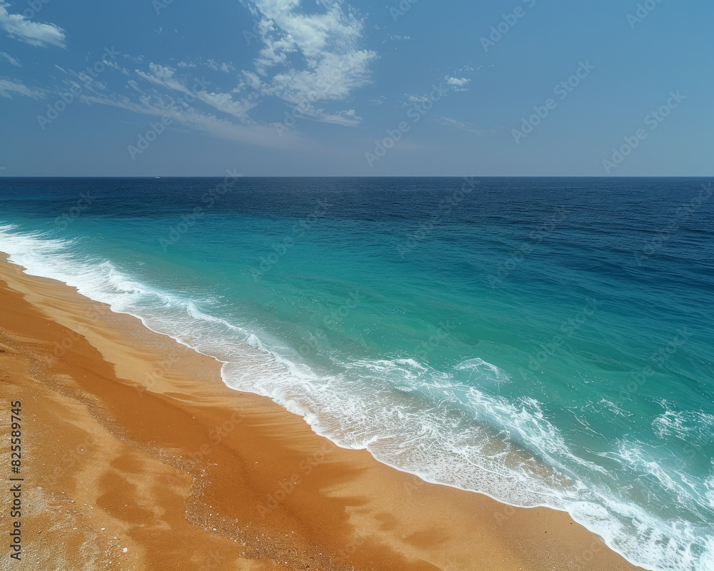 Aerial View of Pristine Beach with Golden Sand and Turquoise Waves under a Clear Blue Sky on a Sunny Day