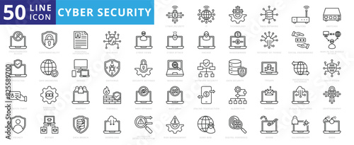 Cyber security icon set with information, technology, data network, malware, virus, unauthorized access and protected. photo