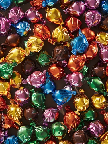 Colorful chocolate candies with shiny wrappers spread out on a table  displaying a variety of vibrant colors and high detail. Generative AI
