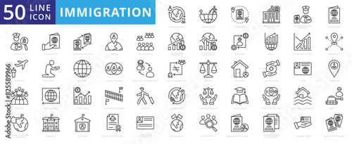 Immigration icon set with immigrant  foreign  office  passport  customs  airport  people  citizenship and destination country.