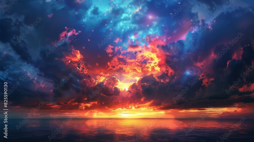 Breathtaking sunset floods the sky with vivid, dramatic hues.