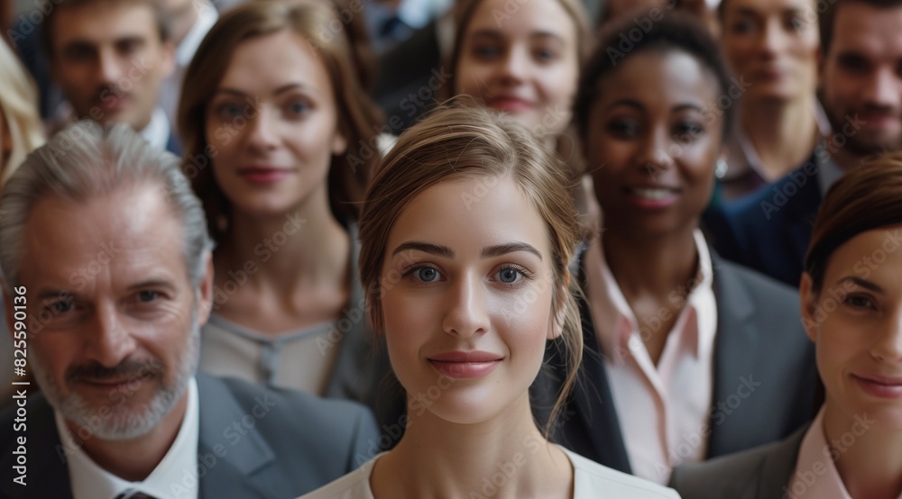A group of business people are smiling, with one beautiful young businesswoman in the center of the frame facing forward. The crowd is standing and diverse, in business attire. generative AI A group of business people are smiling, with one beautiful young businesswoman in the center of the frame facing forward. The crowd is standing and diverse, in business attire. generative AI