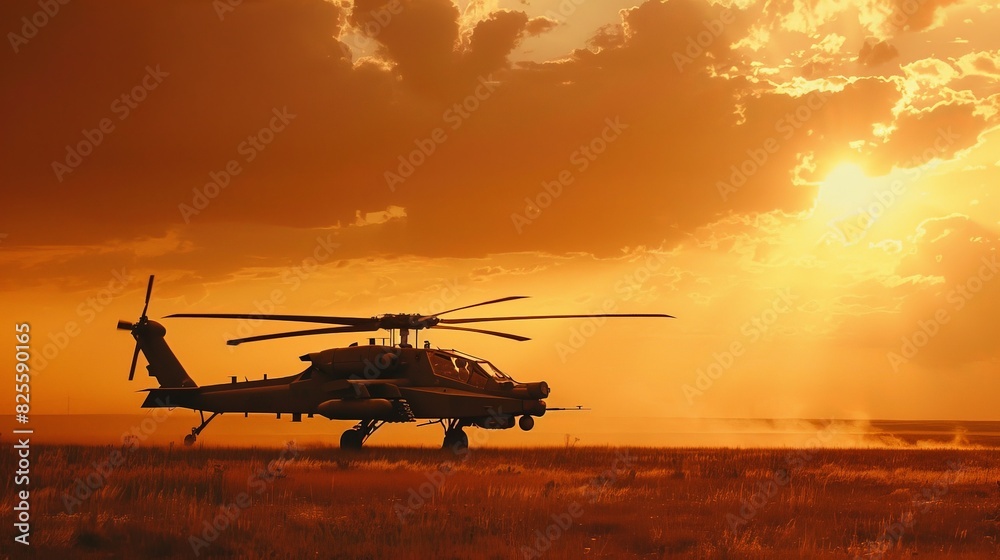 The Apache helicopter in a poised stance on an open field, the last rays of the sun casting a golden glow on its frame, emphasizing the calm before the storm of its imminent mission. The Apache helicopter in a poised stance on an open field, the last rays of the sun casting a golden glow on its frame, emphasizing the calm before the storm of its imminent mission.