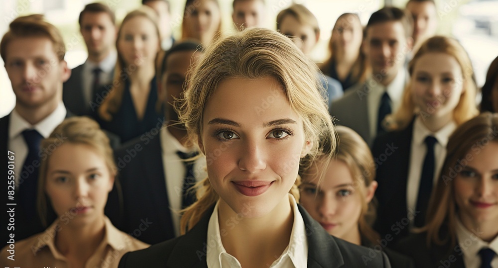 A group of business people are smiling, with one beautiful young businesswoman in the center of the frame facing forward. The crowd is standing and diverse, in business attire. generative AI A group of business people are smiling, with one beautiful young businesswoman in the center of the frame facing forward. The crowd is standing and diverse, in business attire. generative AI