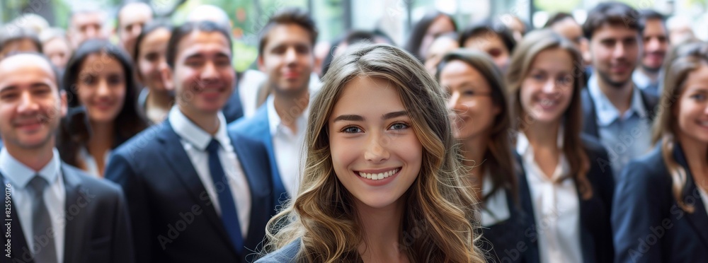 A group of business people are smiling, with one beautiful young businesswoman in the center of the frame facing forward. The crowd is standing and diverse, in business attire. generative AI A group of business people are smiling, with one beautiful young businesswoman in the center of the frame facing forward. The crowd is standing and diverse, in business attire. generative AI