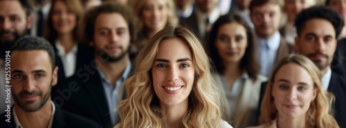A group of business people are smiling  with one beautiful young businesswoman in the center of the frame facing forward. The crowd is standing and diverse  in business attire. generative AI