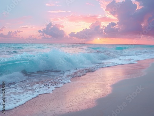 Stunning Sunset Beach Scene with Pink and Purple Sky, Glistening Waves, Soft Sand, and Stunning Clouds in a Serene Coastal Landscape