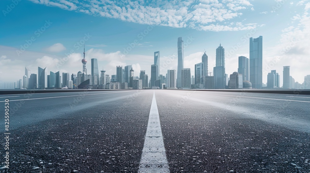 empty asphalt road with city skyline empty asphalt road with city skyline