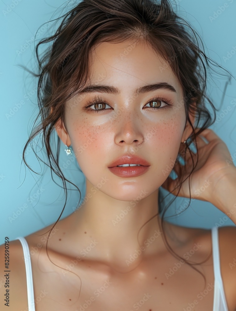 Asian woman skin care model on blue background.