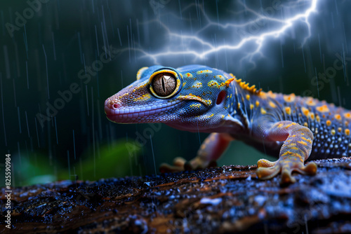 A small orange and white lizard is sitting on a rock in the rain photo