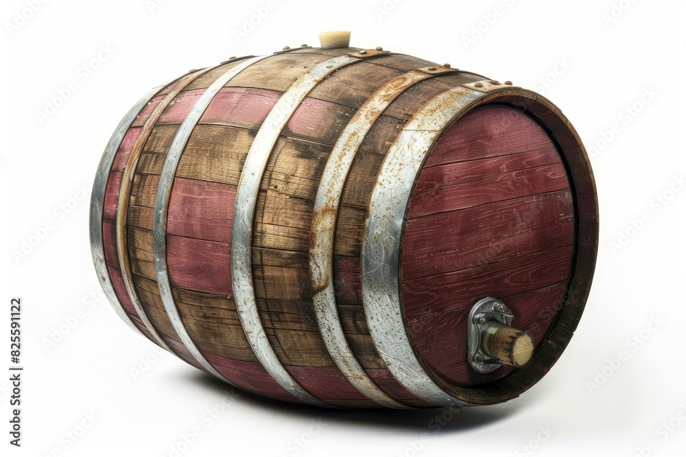 Classic old wine barrel with tap, laying on its side, isolated on a white background