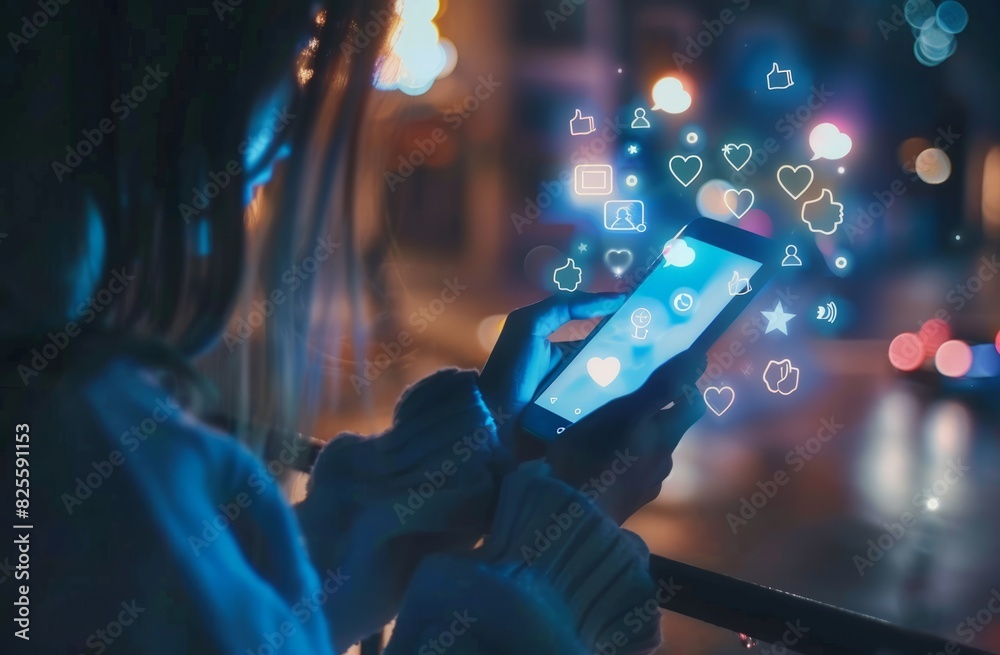 A close-up of a woman's hand using a mobile phone with a social media icon floating on the screen, a light bokeh background, the concept of online marketing.