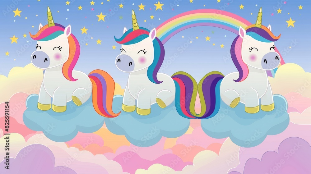 Three cute unicorns with rainbow manes sitting on clouds under a bright rainbow sky with twinkling stars and pastel clouds