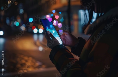 A close-up of a woman s hand using a mobile phone with a social media icon floating on the screen  a light bokeh background  the concept of online marketing.