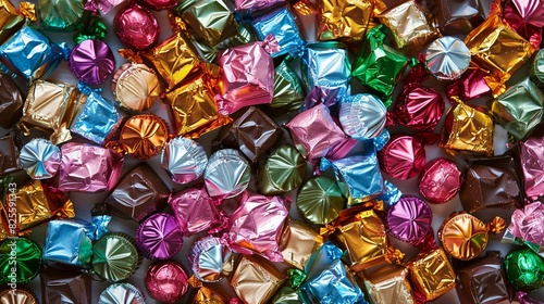 Colorful assortment of chocolate candies wrapped in shiny foil in a scattered pile. Generative AI