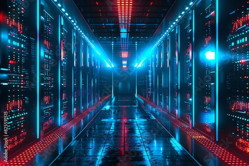 A futuristic data center with glowing blue and red lights showcasing server racks in a high-tech environment.