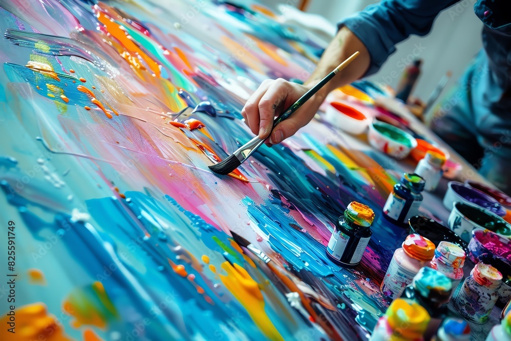 Fototapeta premium Colorful painting in progress, artist's hand with a brush creating an abstract artwork with vibrant paints on canvas, showcasing creativity.