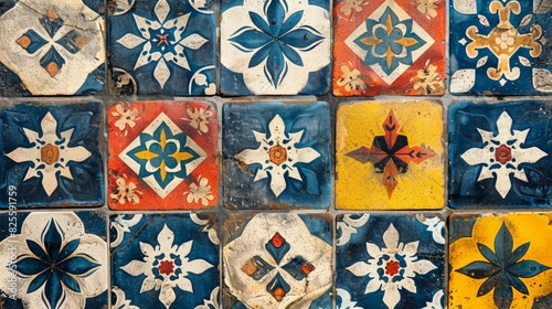 Colorful patterned ceramic tiles arranged in a beautiful mosaic on a floor surface