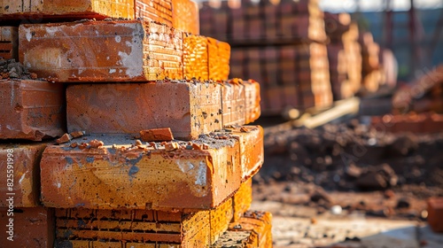 Close-up of a stack of weathered red bricks at a construction site with a blurred background, suitable for construction and architecture themes. photo