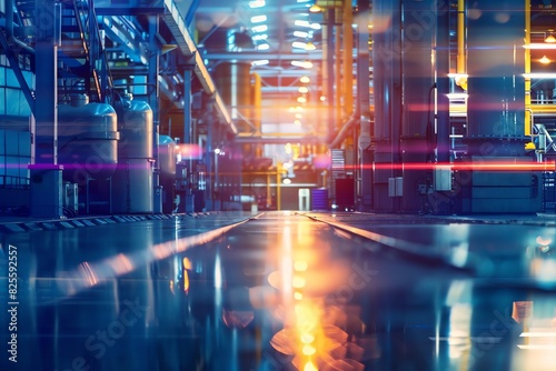 Factory floor overview close up  focus on  copy space  vibrant colors  double exposure silhouette with production