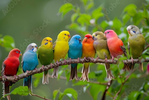 Vibrant group of parakeets, showcasing a spectrum of colors, perched calmly on a branch photo