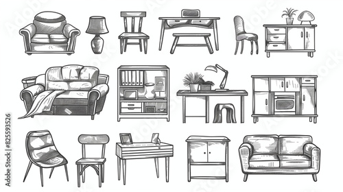 Vector Hand-Drawn Doodle Home Furniture Icons Collection