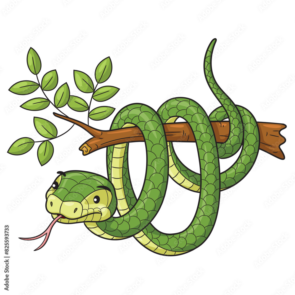Obraz premium cartoon green snake on a tree branch