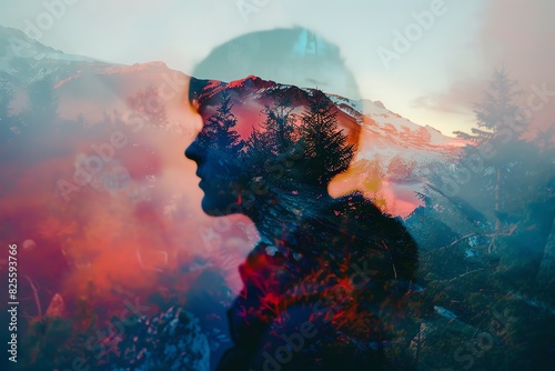 Majestic mountain range close up, focus on, copy space, vibrant colors, double exposure silhouette with nature