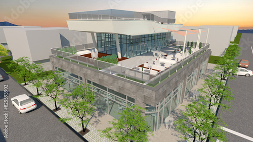 view of a city, 3d architectural illustration of a modern restaurant building with exterior terrace at sunset