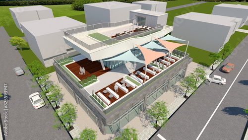 view of a city, 3d architectural illustration aerial view of modern restaurant building with exterior terrace