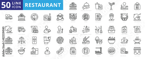Restaurant icon set with prepares and serves, fast food, drinks, eating, take out, delivery, cuisines, cafeterias and family.