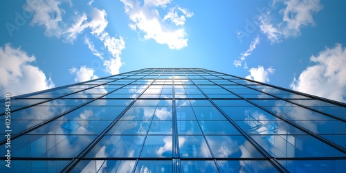 Upward View of Modern Glass Skyscraper Reflecting Blue Sky and Clouds