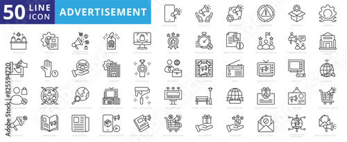 Advertisement icon set with practice, technique, attention, product, service, spotlight, drawing, consumers and promote.